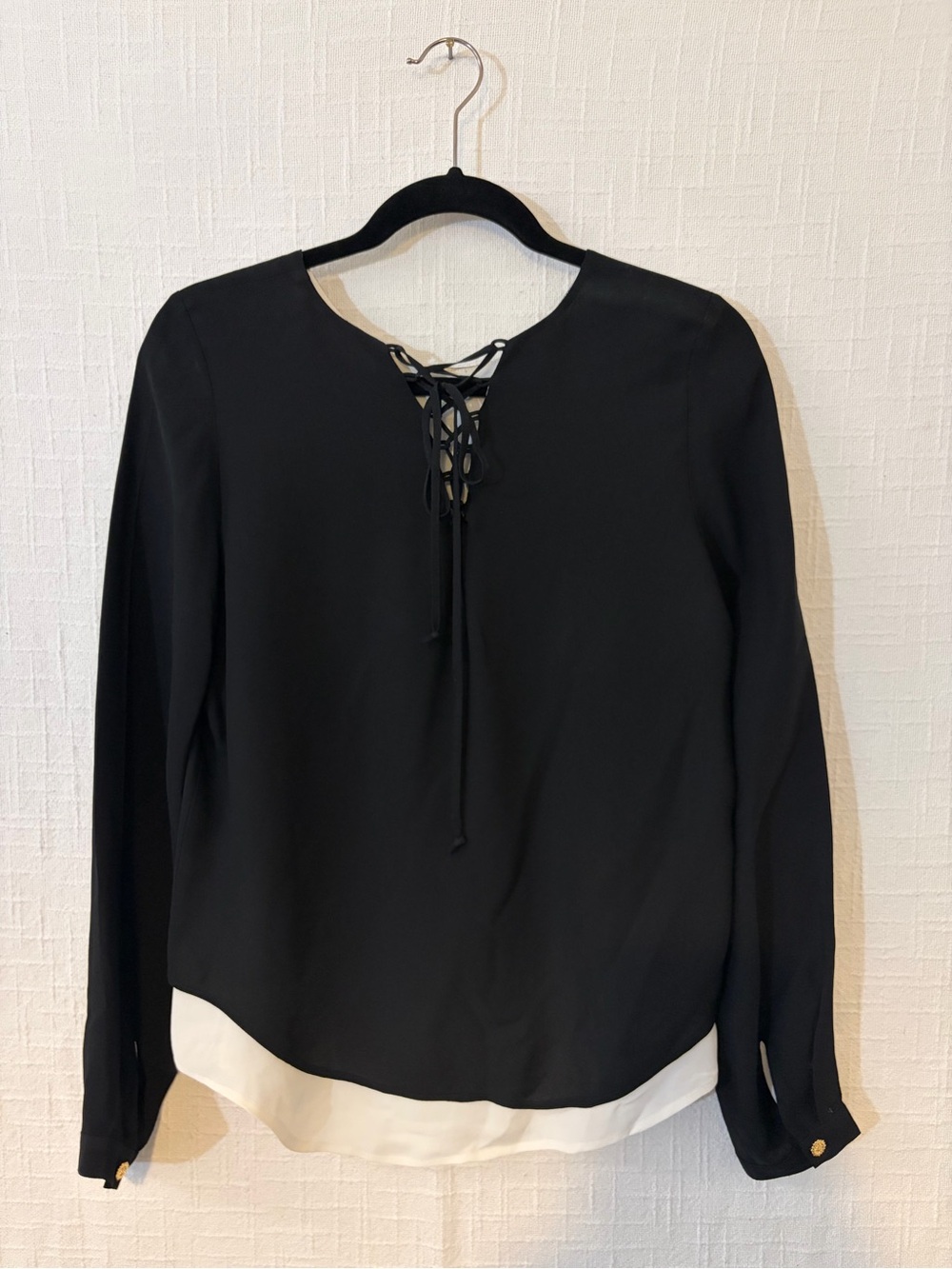 Twelfth Street by Cynthia Vincent Black Lace-Up Blouse with Ivory Hem